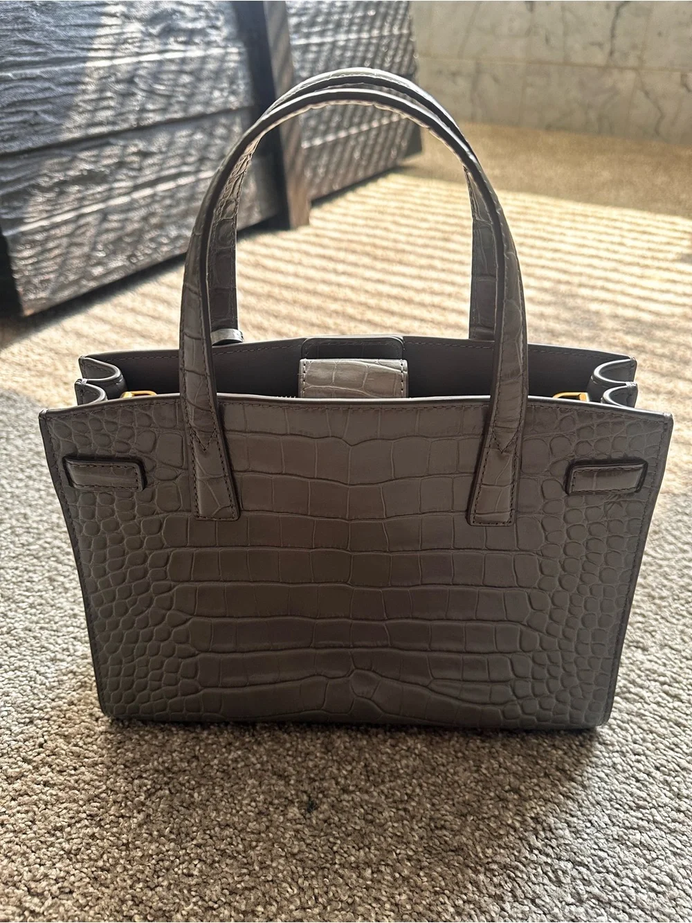 Tory Burch Gray Croc-Embossed Satchel with Gold Logo, missing long strap